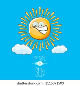 vector funky cartoon summer sun character with white clouds in blue sky  background. My name is sun concept illustration. funky kids summer character with eyes and mouth