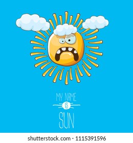 vector funky cartoon summer sun character with white clouds in blue sky  background. My name is sun concept illustration. funky kids summer character with eyes and mouth