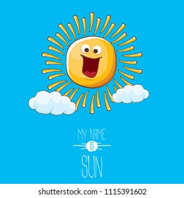 vector funky cartoon summer sun character with white clouds in blue sky  background. My name is sun concept illustration. funky kids summer character with eyes and mouth