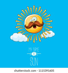 vector funky cartoon summer sun character with white clouds in blue sky  background. My name is sun concept illustration. funky kids summer character with eyes and mouth