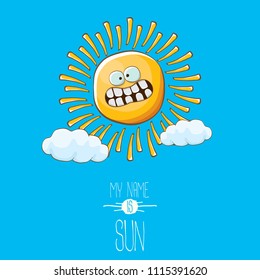 vector funky cartoon summer sun character with white clouds in blue sky  background. My name is sun concept illustration. funky kids summer character with eyes and mouth