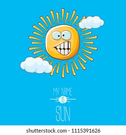 vector funky cartoon summer sun character with white clouds in blue sky  background. My name is sun concept illustration. funky kids summer character with eyes and mouth