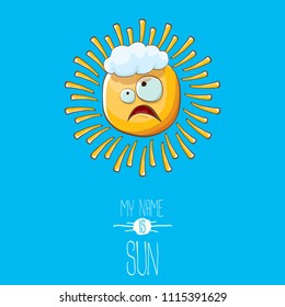 vector funky cartoon summer sun character with white clouds in blue sky  background. My name is sun concept illustration. funky kids summer character with eyes and mouth