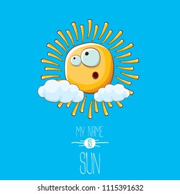 vector funky cartoon summer sun character with white clouds in blue sky  background. My name is sun concept illustration. funky kids summer character with eyes and mouth