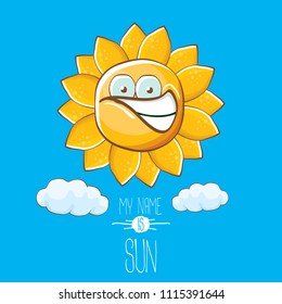 vector funky cartoon summer sun character with white clouds in blue sky  background. My name is sun concept illustration. funky kids summer character with eyes and mouth