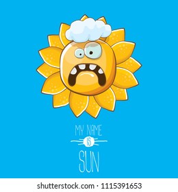 vector funky cartoon summer sun character with white clouds in blue sky  background. My name is sun concept illustration. funky kids summer character with eyes and mouth