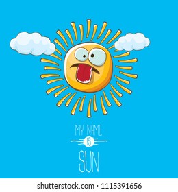 vector funky cartoon summer sun character with white clouds in blue sky  background. My name is sun concept illustration. funky kids summer character with eyes and mouth