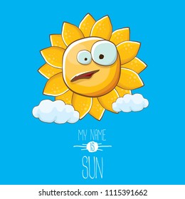 vector funky cartoon summer sun character with white clouds in blue sky  background. My name is sun concept illustration. funky kids summer character with eyes and mouth