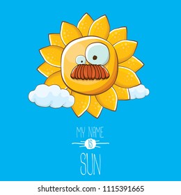vector funky cartoon summer sun character with white clouds in blue sky  background. My name is sun concept illustration. funky kids summer character with eyes and mouth