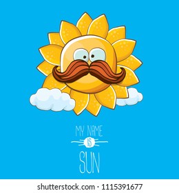 vector funky cartoon summer sun character with white clouds in blue sky  background. My name is sun concept illustration. funky kids summer character with eyes and mouth