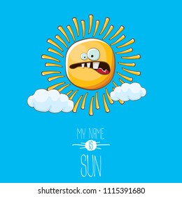 vector funky cartoon summer sun character with white clouds in blue sky  background. My name is sun concept illustration. funky kids summer character with eyes and mouth