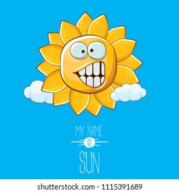 vector funky cartoon summer sun character with white clouds in blue sky  background. My name is sun concept illustration. funky kids summer character with eyes and mouth
