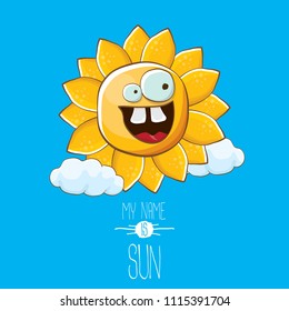 vector funky cartoon summer sun character with white clouds in blue sky  background. My name is sun concept illustration. funky kids summer character with eyes and mouth