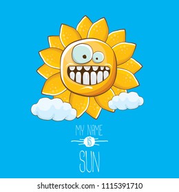 vector funky cartoon summer sun character with white clouds in blue sky  background. My name is sun concept illustration. funky kids summer character with eyes and mouth