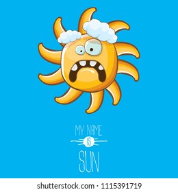 vector funky cartoon summer sun character with white clouds in blue sky  background. My name is sun concept illustration. funky kids summer character with eyes and mouth
