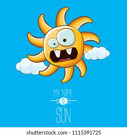 vector funky cartoon summer sun character with white clouds in blue sky  background. My name is sun concept illustration. funky kids summer character with eyes and mouth