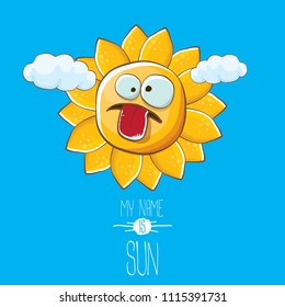 vector funky cartoon summer sun character with white clouds in blue sky  background. My name is sun concept illustration. funky kids summer character with eyes and mouth