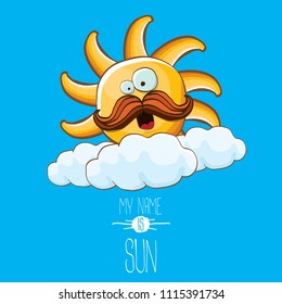 vector funky cartoon summer sun character with white clouds in blue sky  background. My name is sun concept illustration. funky kids summer character with eyes and mouth