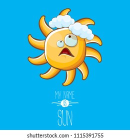 vector funky cartoon summer sun character with white clouds in blue sky  background. My name is sun concept illustration. funky kids summer character with eyes and mouth