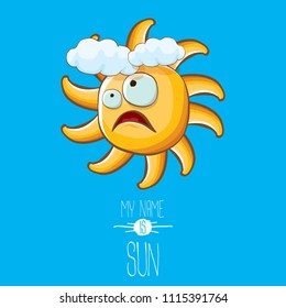 vector funky cartoon summer sun character with white clouds in blue sky  background. My name is sun concept illustration. funky kids summer character with eyes and mouth