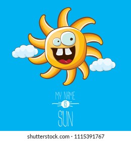 vector funky cartoon summer sun character with white clouds in blue sky  background. My name is sun concept illustration. funky kids summer character with eyes and mouth