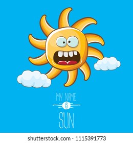 vector funky cartoon summer sun character with white clouds in blue sky  background. My name is sun concept illustration. funky kids summer character with eyes and mouth