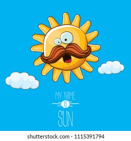 vector funky cartoon summer sun character with white clouds in blue sky  background. My name is sun concept illustration. funky kids summer character with eyes and mouth