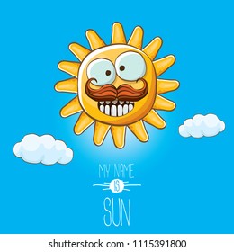 vector funky cartoon summer sun character with white clouds in blue sky  background. My name is sun concept illustration. funky kids summer character with eyes and mouth