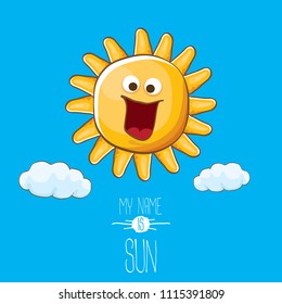 vector funky cartoon summer sun character with white clouds in blue sky  background. My name is sun concept illustration. funky kids summer character with eyes and mouth