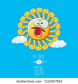 vector funky cartoon summer sun character with white clouds in blue sky background. My name is sun concept illustration. funky kids summer character with eyes and mouth