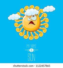 vector funky cartoon summer sun character with white clouds in blue sky background. My name is sun concept illustration. funky kids summer character with eyes and mouth