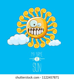 vector funky cartoon summer sun character with white clouds in blue sky background. My name is sun concept illustration. funky kids summer character with eyes and mouth