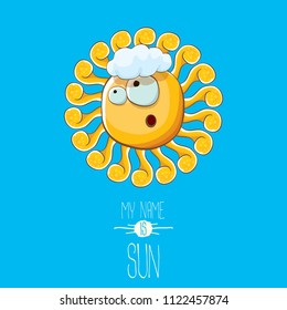 vector funky cartoon summer sun character with white clouds in blue sky background. My name is sun concept illustration. funky kids summer character with eyes and mouth