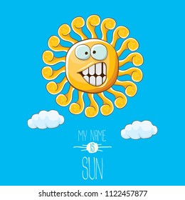 vector funky cartoon summer sun character with white clouds in blue sky background. My name is sun concept illustration. funky kids summer character with eyes and mouth
