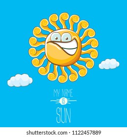 vector funky cartoon summer sun character with white clouds in blue sky background. My name is sun concept illustration. funky kids summer character with eyes and mouth
