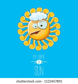 vector funky cartoon summer sun character with white clouds in blue sky background. My name is sun concept illustration. funky kids summer character with eyes and mouth