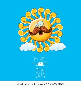 vector funky cartoon summer sun character with white clouds in blue sky background. My name is sun concept illustration. funky kids summer character with eyes and mouth