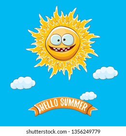vector funky cartoon summer sun character with white clouds in blue sky background. Hello summer concept illustration. funky kids summer character with eyes and mouth