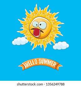 vector funky cartoon summer sun character with white clouds in blue sky background. Hello summer concept illustration. funky kids summer character with eyes and mouth