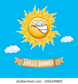 vector funky cartoon summer sun character with white clouds in blue sky background. Hello summer concept illustration. funky kids summer character with eyes and mouth