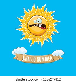 vector funky cartoon summer sun character with white clouds in blue sky background. Hello summer concept illustration. funky kids summer character with eyes and mouth