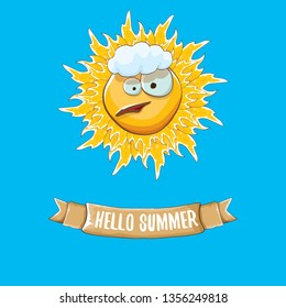 vector funky cartoon summer sun character with white clouds in blue sky background. Hello summer concept illustration. funky kids summer character with eyes and mouth