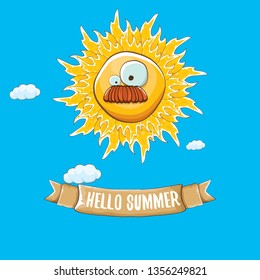 vector funky cartoon summer sun character with white clouds in blue sky background. Hello summer concept illustration. funky kids summer character with eyes and mouth