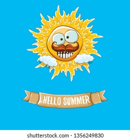 vector funky cartoon summer sun character with white clouds in blue sky background. Hello summer concept illustration. funky kids summer character with eyes and mouth