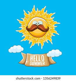 vector funky cartoon summer sun character with white clouds in blue sky background. Hello summer concept illustration. funky kids summer character with eyes and mouth