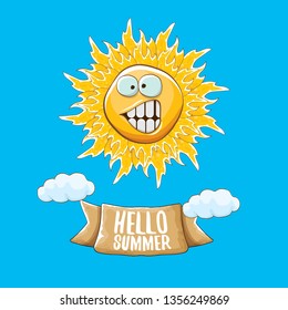 vector funky cartoon summer sun character with white clouds in blue sky background. Hello summer concept illustration. funky kids summer character with eyes and mouth