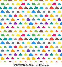 Vector funky colorful seamless pattern with random material design colors. Festive tiled cloud icon pattern.