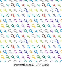 Vector funky colorful seamless pattern with random material design colors. Festive tiled search icon pattern.