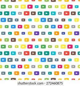 Vector funky colorful seamless pattern with random material design colors. Festive tiled play icon pattern.
