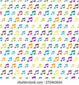 Vector funky colorful seamless pattern with random material design colors. Festive tiled music note icon pattern.